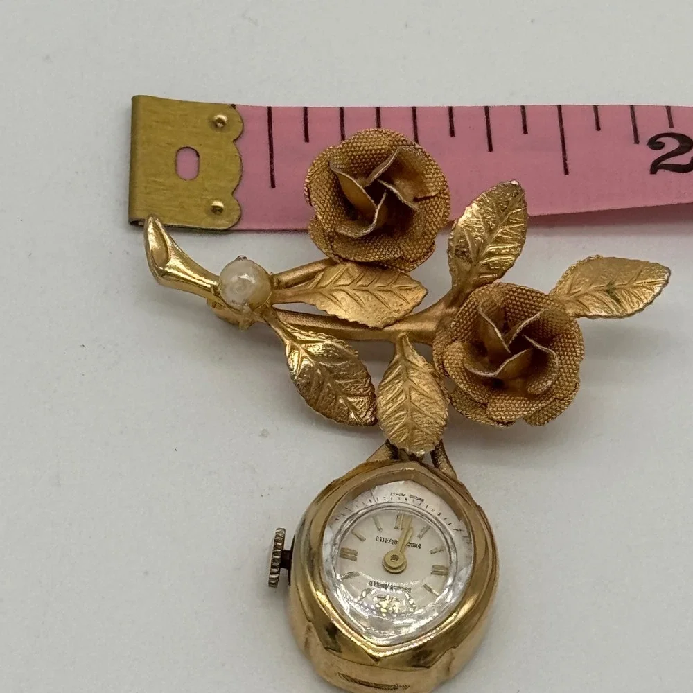 Vintage 60s Golden Shield Swiss Made Mechanical Rose Lapel Watch Brooch Pin